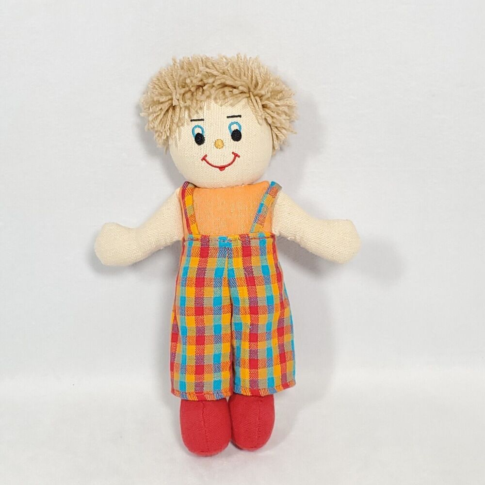 Lanka Kade Plush Doll Boy Overalls Orange Blue Embroidered Eyes 100% Cotton